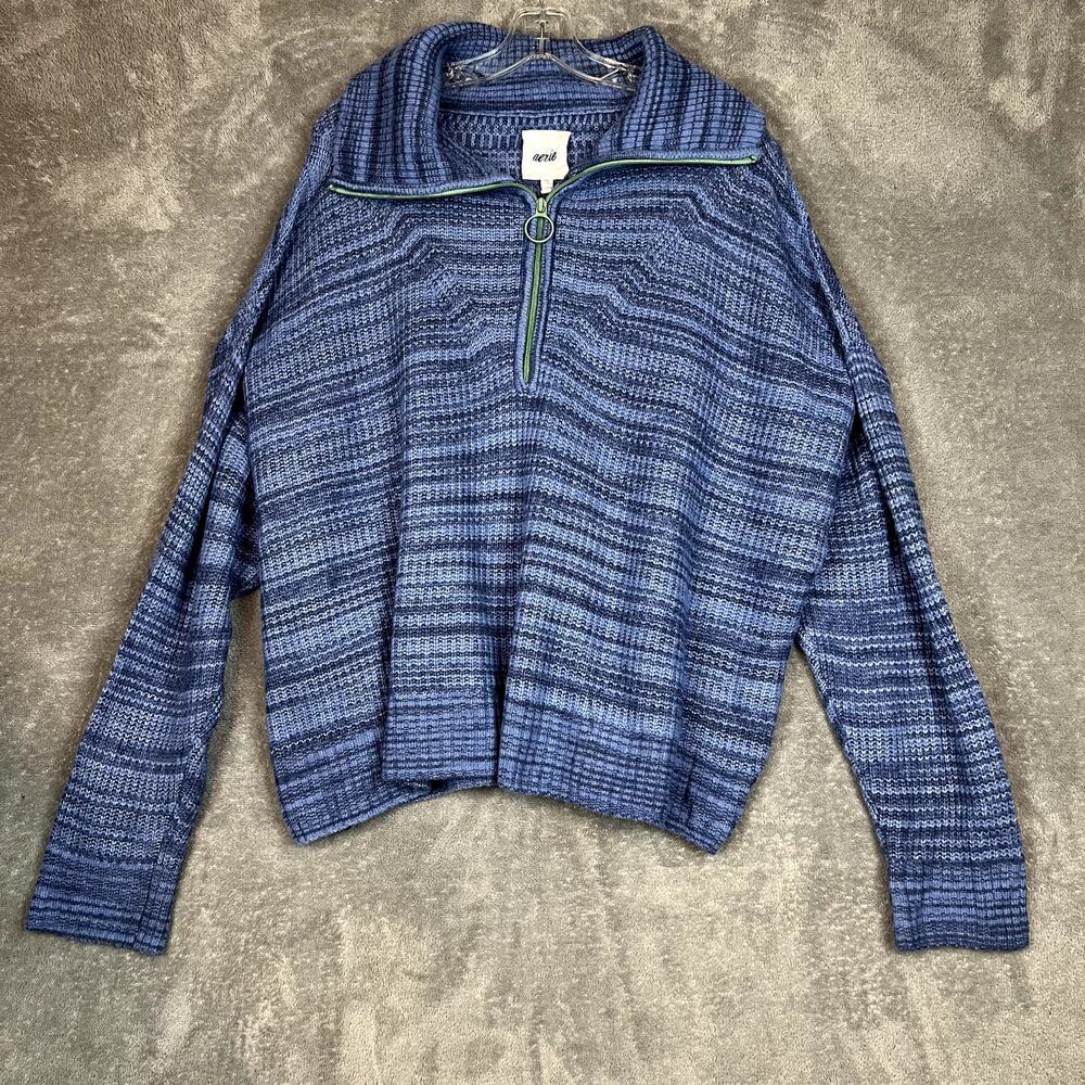Aerie Quarter Zip Sweater Womens XXL Collared Blue Striped Oversized Loungewear
